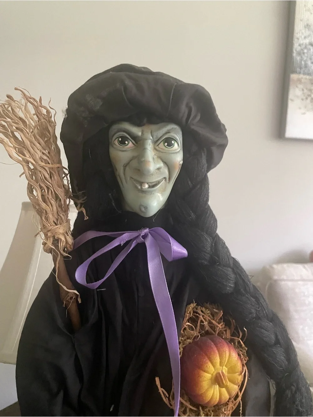 Halloween Fabric Witch Prop Figure w/ Broom Pumpkin - Black Purple